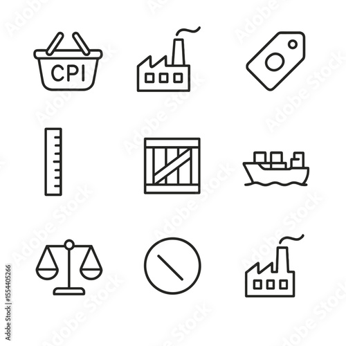 Price Indices Icons. Outline icon set of price indices: CPI basket icon, PPI factory, core inflation tag, trimmed mean ruler,