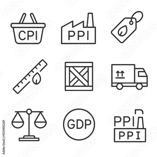 Price Indices Icons. Outline icon set of price indices: CPI basket icon, PPI factory, core inflation tag, trimmed mean ruler,