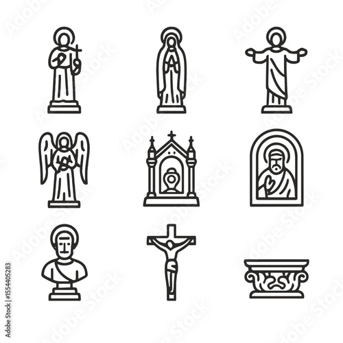Sacred Statues Icons. Outline icon set of Sacred Statues: statue of saint, Virgin Mary statue, Christ figure, angel statue,