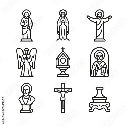 Sacred Statues Icons. Outline icon set of Sacred Statues: statue of saint, Virgin Mary statue, Christ figure, angel statue,