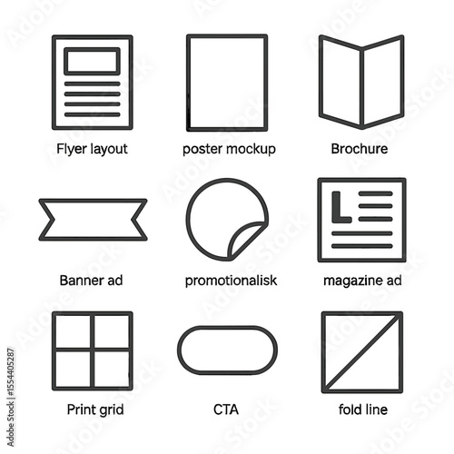 Print Advertising Icons. Outline icon set of Print Advertising Assets: flyer layout, poster mockup, brochure silhouette, banner ad
