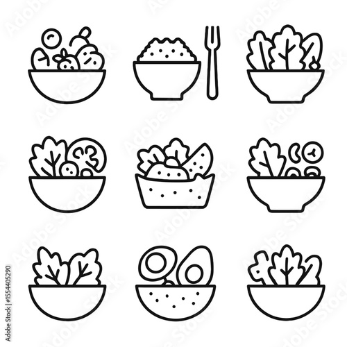 Salad Bowl Icons. Outline icon set of types of salad bowls: fruit salad, grain bowl, Caesar salad, Greek salad, taco salad, pasta