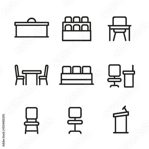 Courtroom Icon Set. Outline icon set of Courtroom Layout with Empty Chairs: judge’s bench, jury box chairs, witness stand stool,
