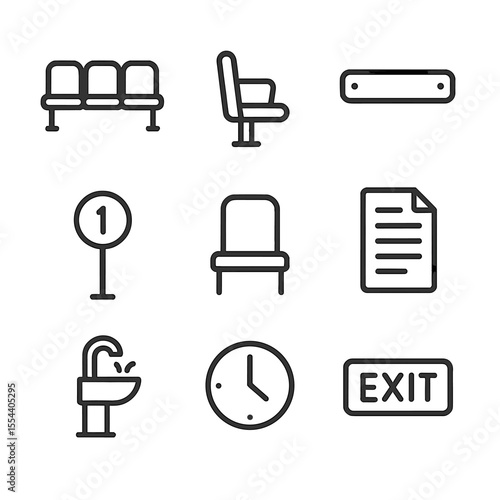Courtroom Icon Set. Outline icon set of Spectator Gallery with Vacant Benches: bench row segment, armrest, backrest slat, aisle