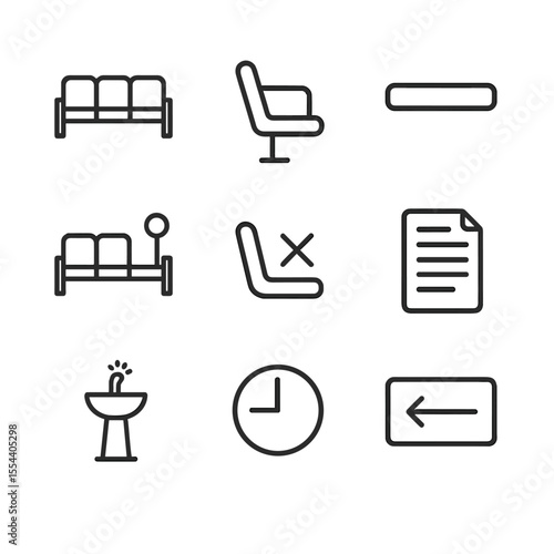 Courtroom Icon Set. Outline icon set of Spectator Gallery with Vacant Benches: bench row segment, armrest, backrest slat, aisle