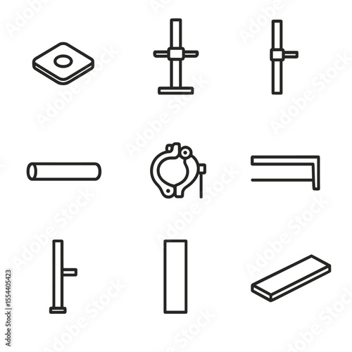 Scaffold Component Icons. Outline icon set of Scaffold Components and Hardware: base plate, adjustable jack, standards tube,