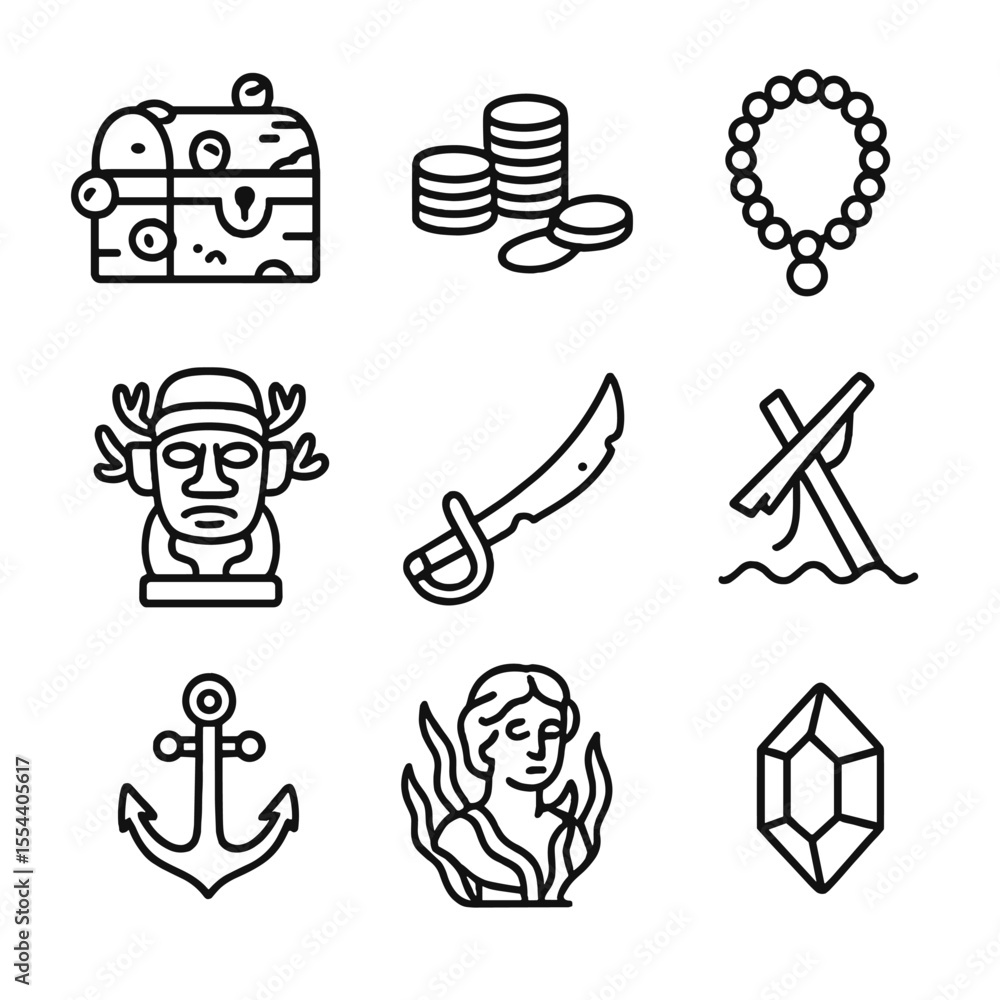 Fototapeta premium Shipwreck Treasure Icons. Outline icon set of sunken shipwreck treasures: barnacle-encrusted chest, gold coins, pearl necklace,