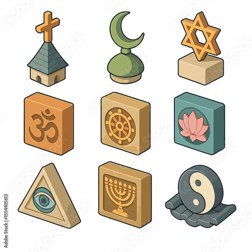 Religious Symbols Grid. Isometric Flat icon set of religious symbols in architecture: cross atop steeple, crescent finial, Star of