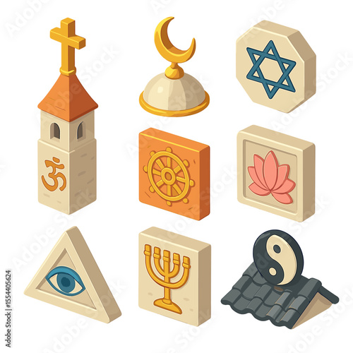 Religious Symbols Grid. Isometric Flat icon set of religious symbols in architecture: cross atop steeple, crescent finial, Star of
