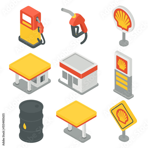 Shell Station Icon Set. Isometric Flat icon set of Shell gas station branding: fuel pump, gas nozzle, Shell logo sign, service