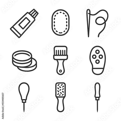 Shoe Repair Icons. Outline icon set of shoe repair kit: adhesive tube, shoe patch, needle, thread, shoe polish, brush, sole