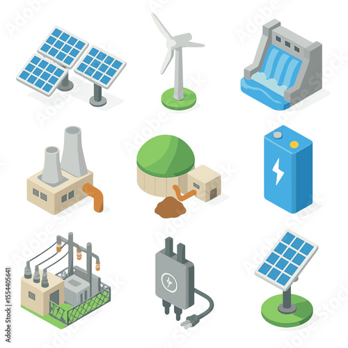 Renewable Energy Icons. Isometric Flat icon set of renewable energy technologies: solar panel array, wind turbine, hydroelectric