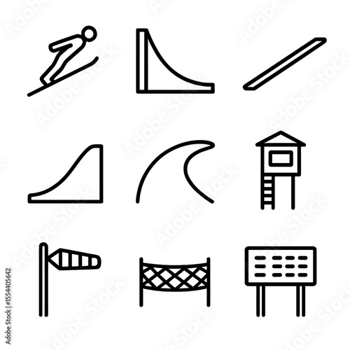 Ski Jumping Icons. Outline icon set of Ski jumping: ski jumper silhouette, jumping hill, takeoff ramp, landing slope, outrun area,