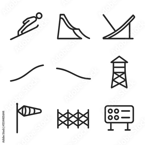 Ski Jumping Icons. Outline icon set of Ski jumping: ski jumper silhouette, jumping hill, takeoff ramp, landing slope, outrun area,