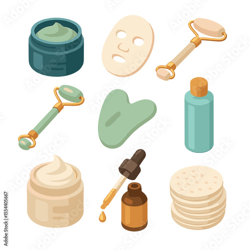 Skincare Icon Set. Isometric Flat icon set of skincare prep for contouring: clay mask jar, sheet mask, facial roller, jade roller,