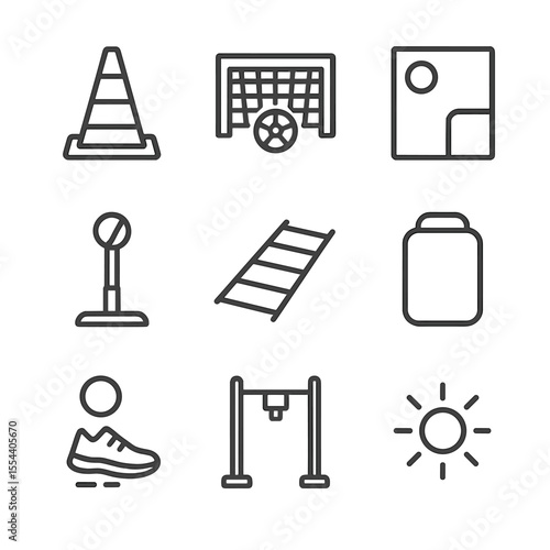 Skill Development Icons. Outline icon set of skill development stations: dribbling cone, shooting net, passing target, batting tee