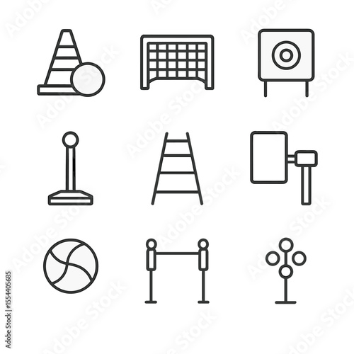 Skill Development Icons. Outline icon set of skill development stations: dribbling cone, shooting net, passing target, batting tee