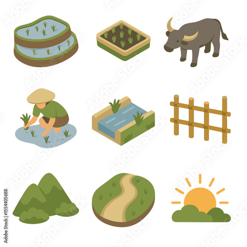 Rice Paddy Icon Set. Isometric Flat icon set of rice paddy landscape: flooded terraces, seedling trays, water buffalo, farmer