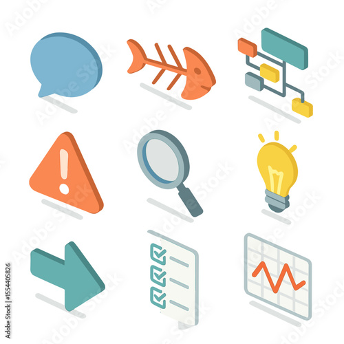 Root Cause Icon Set. Isometric Flat icon set of root cause analysis tools: problem statement bubble, fishbone diagram,