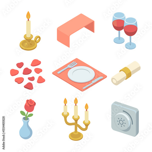 Romantic Dinner Icons. Isometric Flat icon set of romantic dinner table lighting: taper candle in holder, table runner, wine