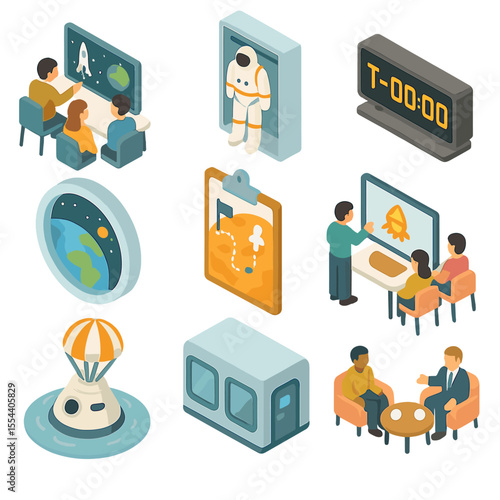 Space Tourism Icons. Isometric Flat icon set of space tourism travel itinerary: pre-launch briefing, suiting up rack, launch