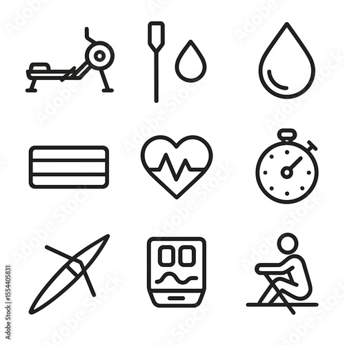 Rowing Endurance Icons. Outline icon set of rowing endurance: rowing machine, oar, water droplet, sweatband, heart rate monitor,