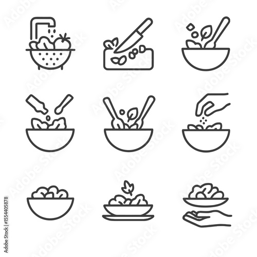 Salad Preparation Icons. Outline icon set of salad bowl preparation steps: wash vegetables, chop veggies, mix greens, add dressing