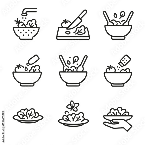 Salad Preparation Icons. Outline icon set of salad bowl preparation steps: wash vegetables, chop veggies, mix greens, add dressing