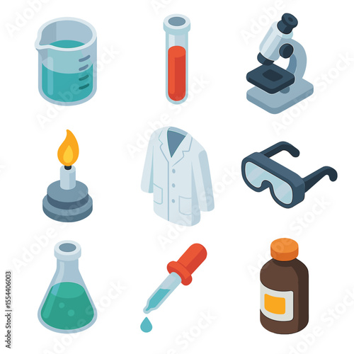Science Lab Icons. Isometric Flat icon set of Science Lab Experiments: beaker, test tube, microscope, Bunsen burner, lab coat,