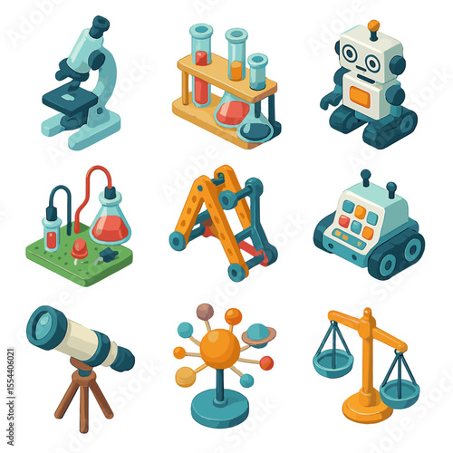 STEM Toys Icons. Isometric Flat icon set of educational STEM toys: microscope, chemistry set, robot kit, circuit board set,