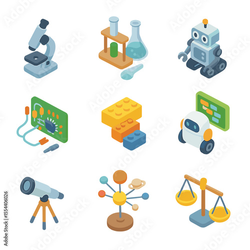 STEM Toys Icons. Isometric Flat icon set of educational STEM toys: microscope, chemistry set, robot kit, circuit board set,