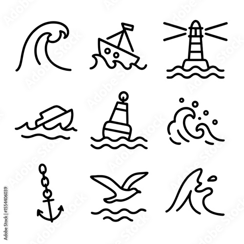 Storm Surge Icons. Outline icon set of storm surge at sea: turbulent wave crest, storm-tossed ship, lighthouse beam, capsized