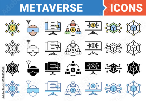 Metaverse icon set with multiple style collection.