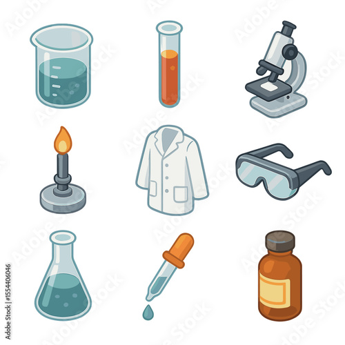 Science Lab Icons. Isometric Flat icon set of Science Lab Experiments: beaker, test tube, microscope, Bunsen burner, lab coat,