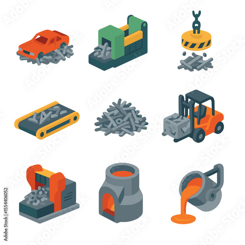 Scrap Metal Icon Set. Isometric Flat icon set of scrap metal processing: shredded car body, metal baler, sorting magnet, conveyor