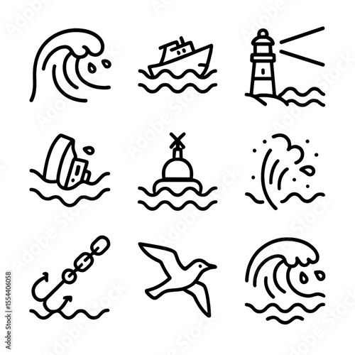 Storm Surge Icons. Outline icon set of storm surge at sea: turbulent wave crest, storm-tossed ship, lighthouse beam, capsized