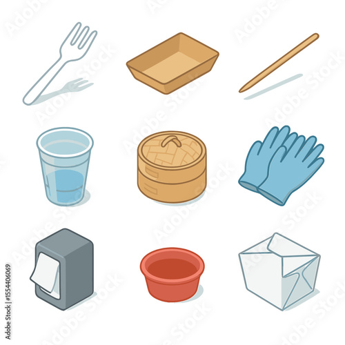 Street Food Utensils. Isometric Flat icon set of street food utensils and serveware: disposable fork, paper tray, wooden skewer,