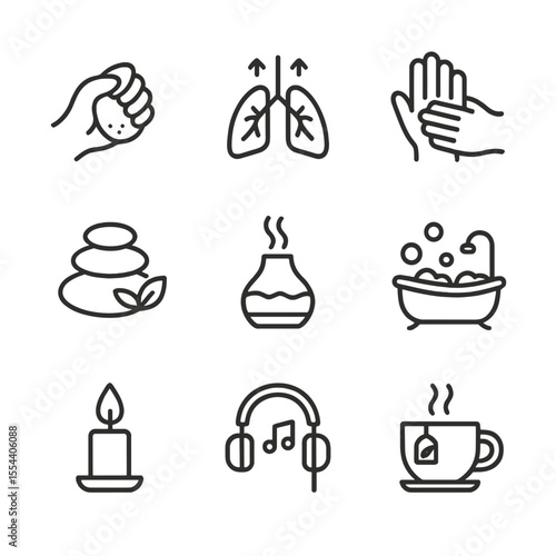 Stress Relief Icons. Outline icon set of stress relief techniques: stress ball, breathing lungs, massage hands, spa stones,