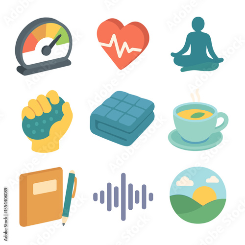 Stress Management App Icons. Isometric Flat icon set of stress and anxiety management apps: stress meter gauge, irregular