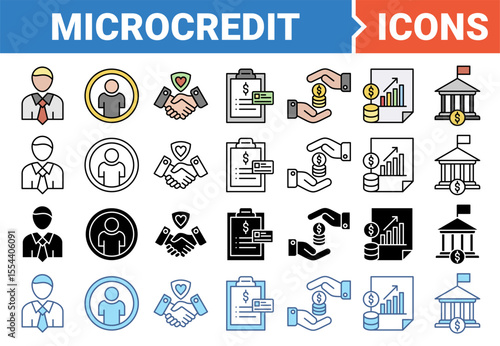 Microcredit icon set with multiple style collection.