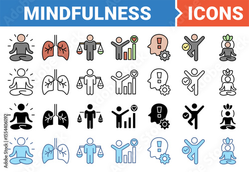 Mindfulness icon set with multiple style collection.