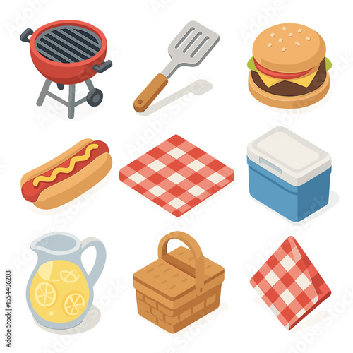 Summer BBQ Icons. Isometric Flat icon set of summer BBQ cookout supplies: grill, spatula, burger, hot dog, picnic blanket, cooler,