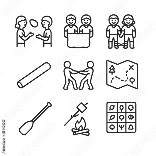 Summer Camp Icons. Outline icon set of summer camp games: water balloon toss, sack race, three-legged race, relay baton, tug of