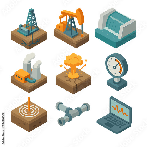 Seismic Activity Icons. Isometric Flat icon set of induced seismicity factors: hydraulic fracturing rig, injection well, reservoir