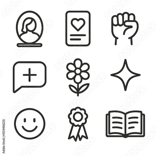 Self-Expression Icon Set. Outline icon set of self-expression and affirmation: mirror reflection, affirmation card, confidence