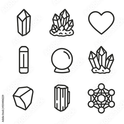 Crystal Healing Icons. Outline icon set of Crystal Healing and Cosmic Vibrations: quartz crystal point, amethyst cluster, rose