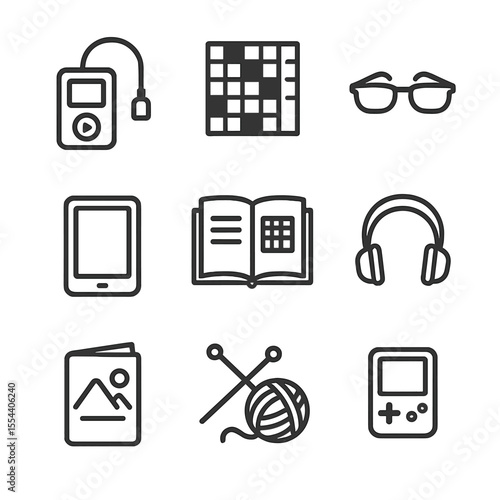 Senior Entertainment Icons. Outline icon set of entertainment for seniors during drive: audiobook player, crossword puzzle,