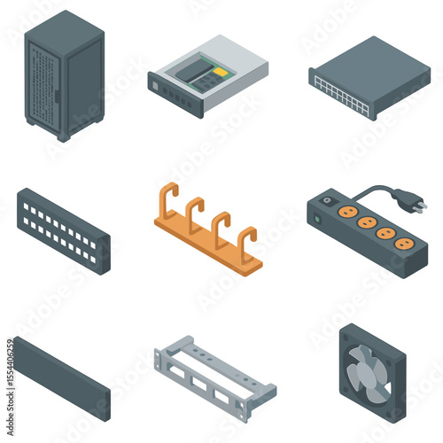 Server Rack Components Grid. Isometric Flat icon set of server rack components: rack cabinet, server blade, network switch, patch