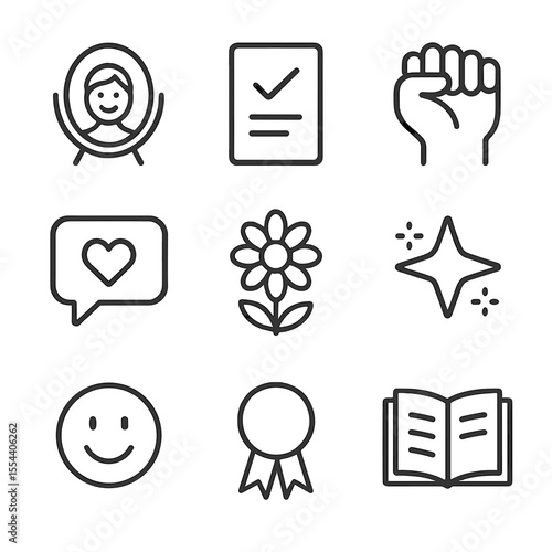 Self-Expression Icon Set. Outline icon set of self-expression and affirmation: mirror reflection, affirmation card, confidence
