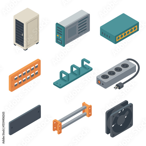 Server Rack Components Grid. Isometric Flat icon set of server rack components: rack cabinet, server blade, network switch, patch